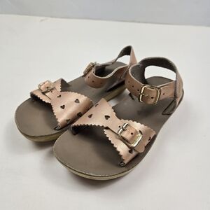 Saltwater Rose Gold Leather Heart Pattern Kids Sandals Size 10